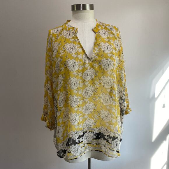 Cabi Amelia Gather Yellow Floral Sheer Blouse Style Size Small - Picture 2 of 14